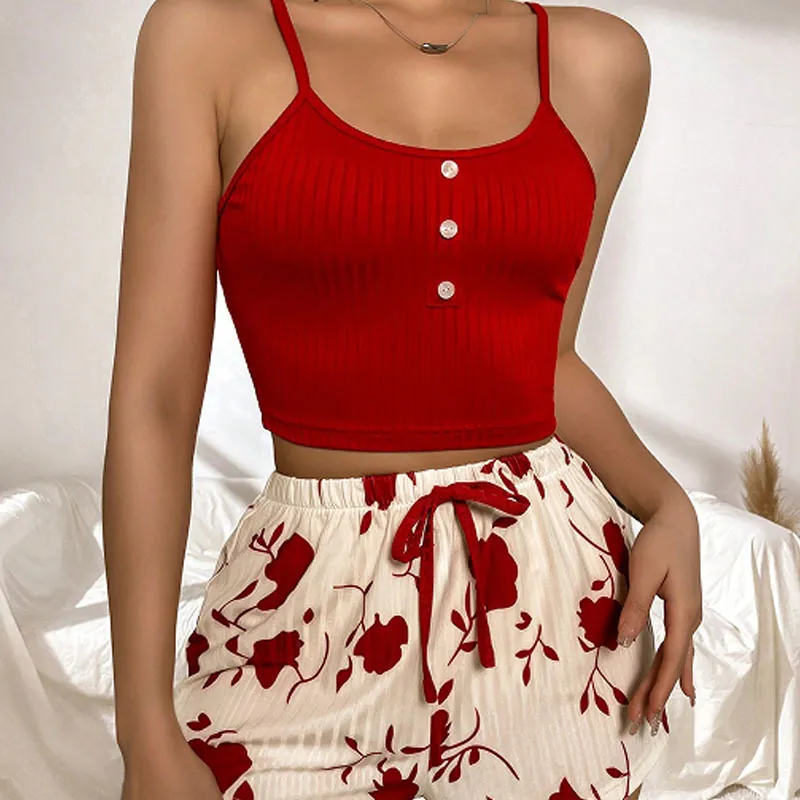 Women's Summer Camisole And Shorts Pajama Set Ribbed Sleeveless Top Floral Print Shorts Loungewear Comfortable Homewear Set