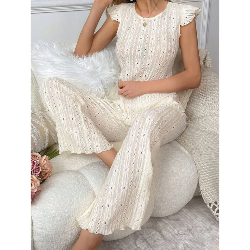 Women Eyelet Embroidery Loungewear Ruffle Sleeve Backless Tie Top And Wide Leg Pants Pajama Suit Casual Home Wear