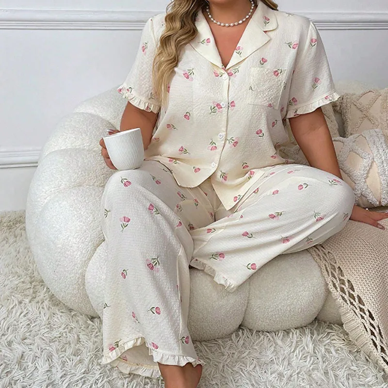 Pyjama Grande Taille pour Femmes Vêtements d'Intérieur Haut à Revers Manches Courtes Et Pantalon Long Bord Volanté Imprimé Tulipes