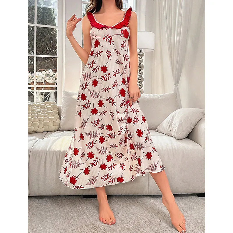 Camicia da Notte da Donna Casual con Stampa Floreale Dolce Abito Maxi con Volant Rossi Senza Maniche Estivo Comodo Pigiama da Casa