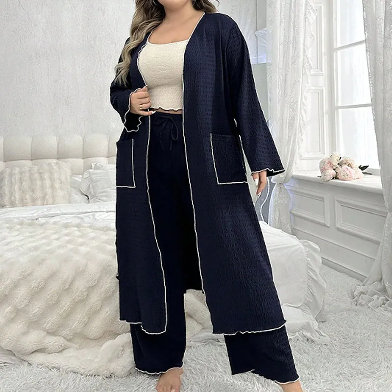 Plus Size Women Loungewear Cardigan Camisole And Pants Navy Blue Waffle Knit Comfortable Home Wear Nightwear Top And Bottom
