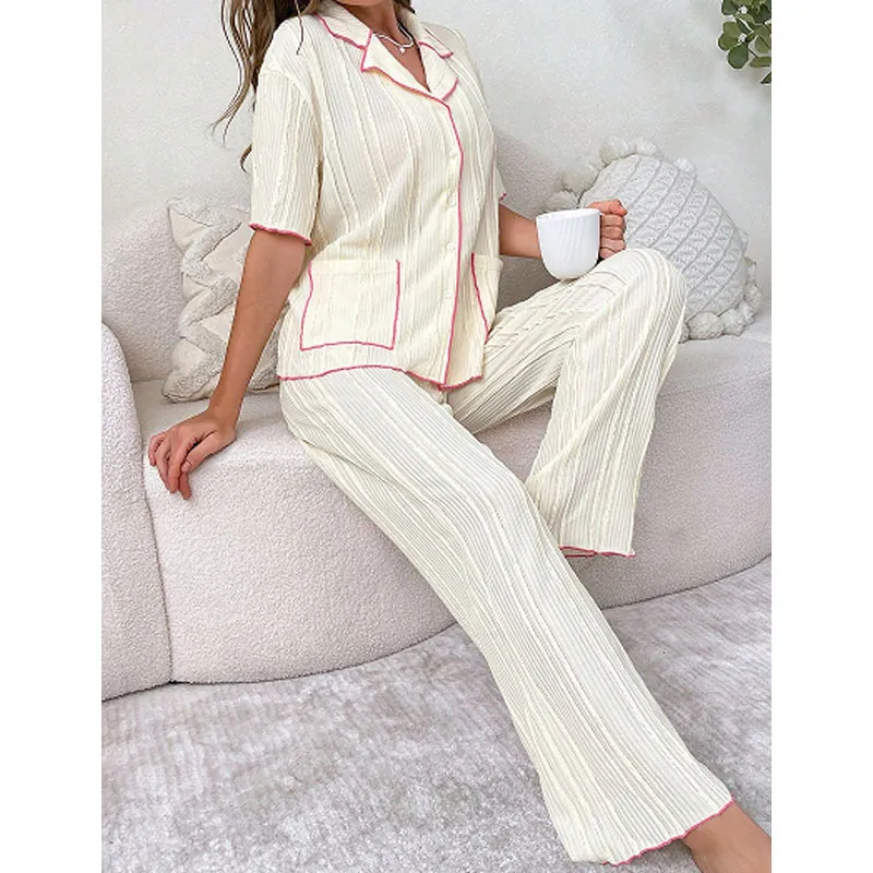 Women Short Sleeve Button Down Top And Long Pants Pajama Plissé Lounge Wear Home Sleepwear Comfort Contrast Binding Pajamas