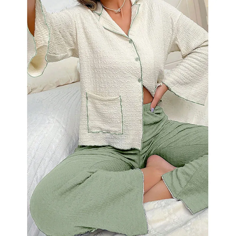 Contrast Piping Women Pajamas Long Sleeve Cardigan And Pants Sweet Colorblock Loungewear Waffle Texture Sleepwear Home Wear