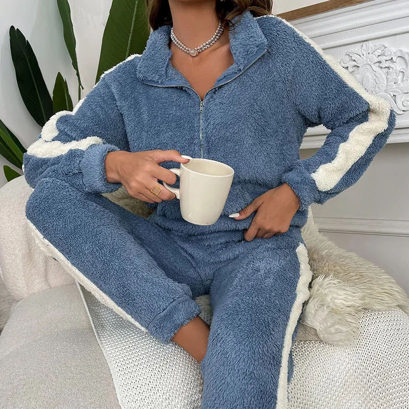 Women Sherpa Fleece Loungewear Suit Half Zipper Stand Collar Long Sleeve Top And Elastic Waist Pants Contrast Stripe Suit