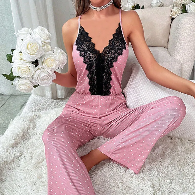 Women Sexy Lace Polka Dot Cami Jumpsuit Pajamas Backless V-Neck Loungewear Summer Sleepwear High Waist Long Pants Pink