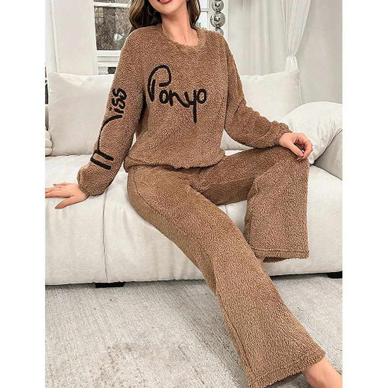 Women's Autumn Winter Warm Coral Fleece Loungewear Elegant Soft Sherpa Top And Bottom Long Sleeve Pullover Home Wear Pajamas