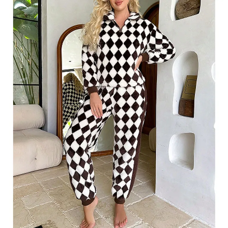 Women Winter Plaid Flannel Loungewear Thickened Warm Long Sleeve Stand Collar Half Zip Top And Joggers Home Wear Pajamas