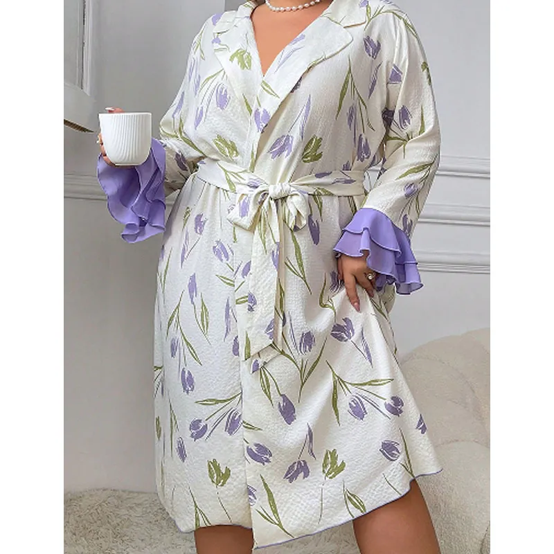Elegant Women V Neck Tulip Floral Print Sleepwear Robe Plus Size Long Sleeve Lace Up Home Dress With Ruffle Cuffs Nightgown