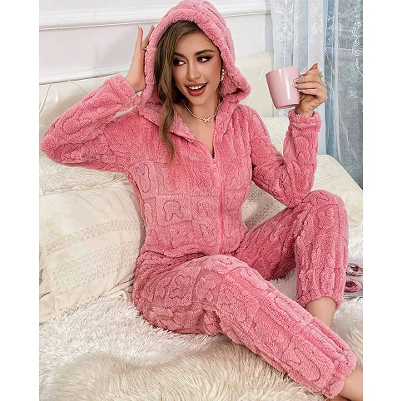 Women Casual Fleece Hooded Pajamas Soft Rabbit Embossed Flannel Jumpsuit Warm Sleepwear Winter Long Sleeve Homewear Jumpsuit