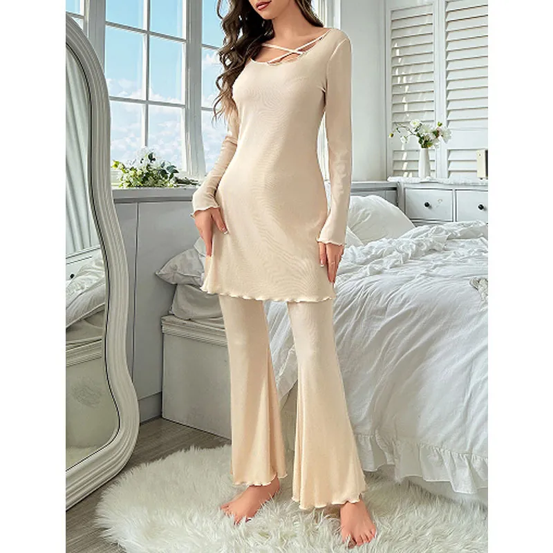 Women Ribbed Knit Loungewear Long Sleeve Criss-cross Neck Top and Flare Pants Outfit Lettuce Trim Comfortable Pajamas