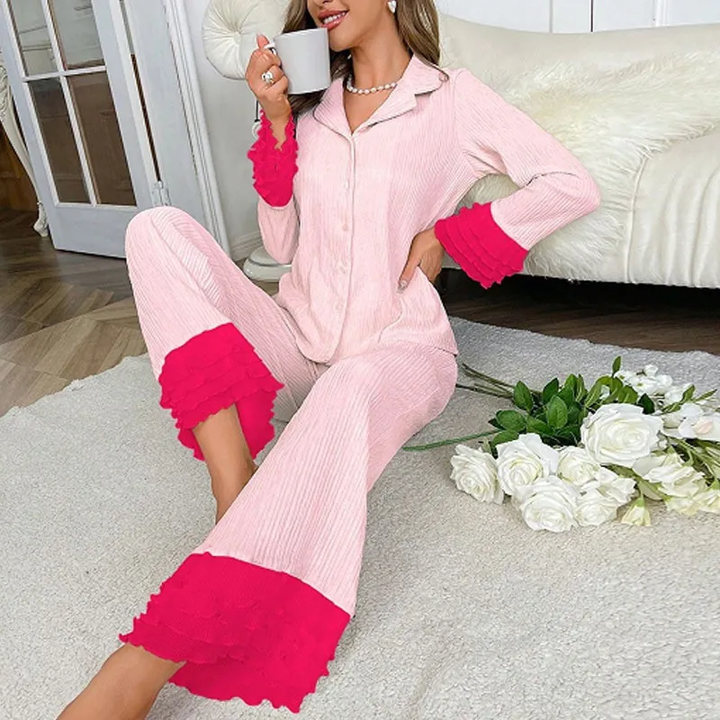 Women Ruffle Lace Trim Ribbed Pajamas Long Sleeve Button Down Lapel Top And Pants Loungewear Elegant Sleepwear Nightwear