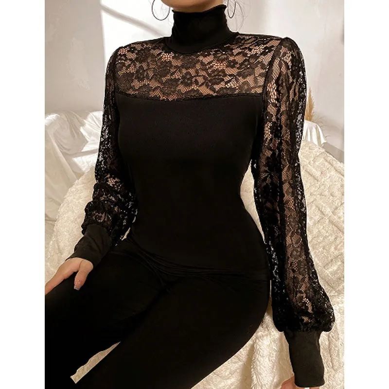 Women's High Neck Lace Patchwork Long Sleeve Undershirt Slim Fit Elegant Mesh Hollow Out Floral Pajama Top For Daily Home