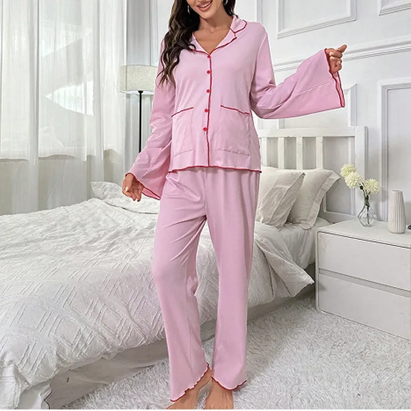Women's Maternity Pajamas Contrast Piping Lapel Button Down Long Sleeve Top And Bottom Loose Loungewear Sleepwear Home Clothing