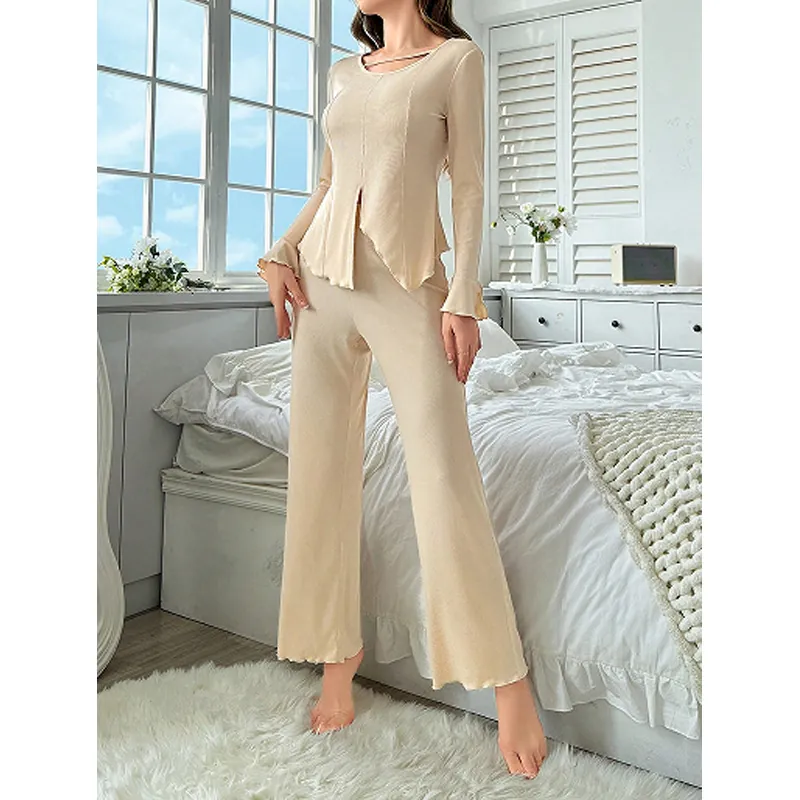Women Ribbed Knit Loungewear Set Round Neck Long Sleeve Split Hem Top And Wide Leg Pants Soft Solid Color Casual Home Suit
