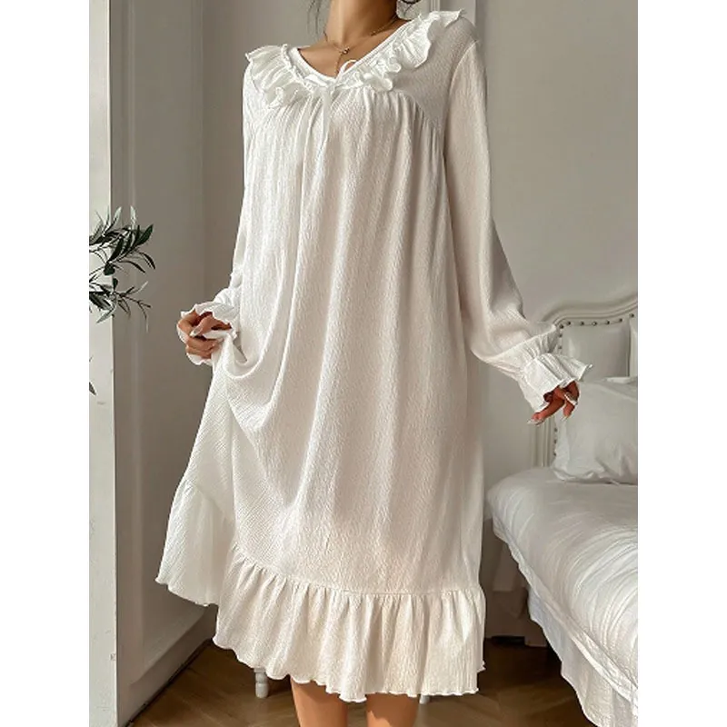 Nuisette Femme Col en V Manches Longues Volants Manches Évasées Ample Vêtements de Nuit Gaze Froissée Robe de Chambre Unie