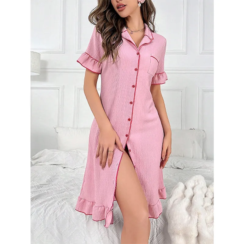 Women Short Sleeve Nightgown Lapel Button Down Pajama Dress With Ruffle Hem Contrast Piping Sweet Sleepwear Home Wear