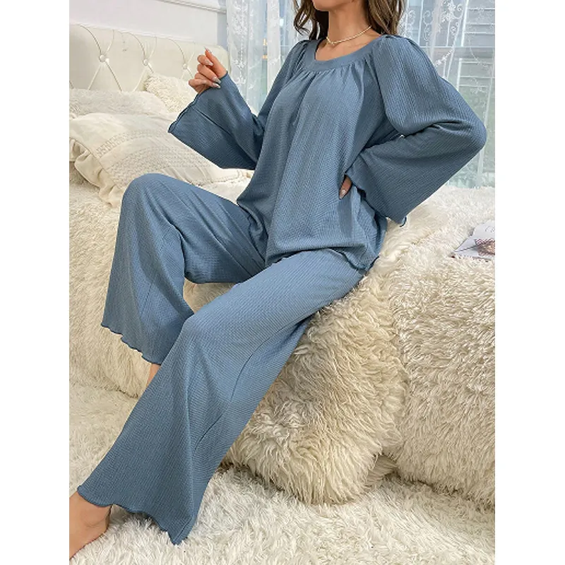 Women Waffle Knit Loungewear Set Solid Color Long Sleeve Top And Bottom Round Neck Loose Casual Sleepwear Home Clothes