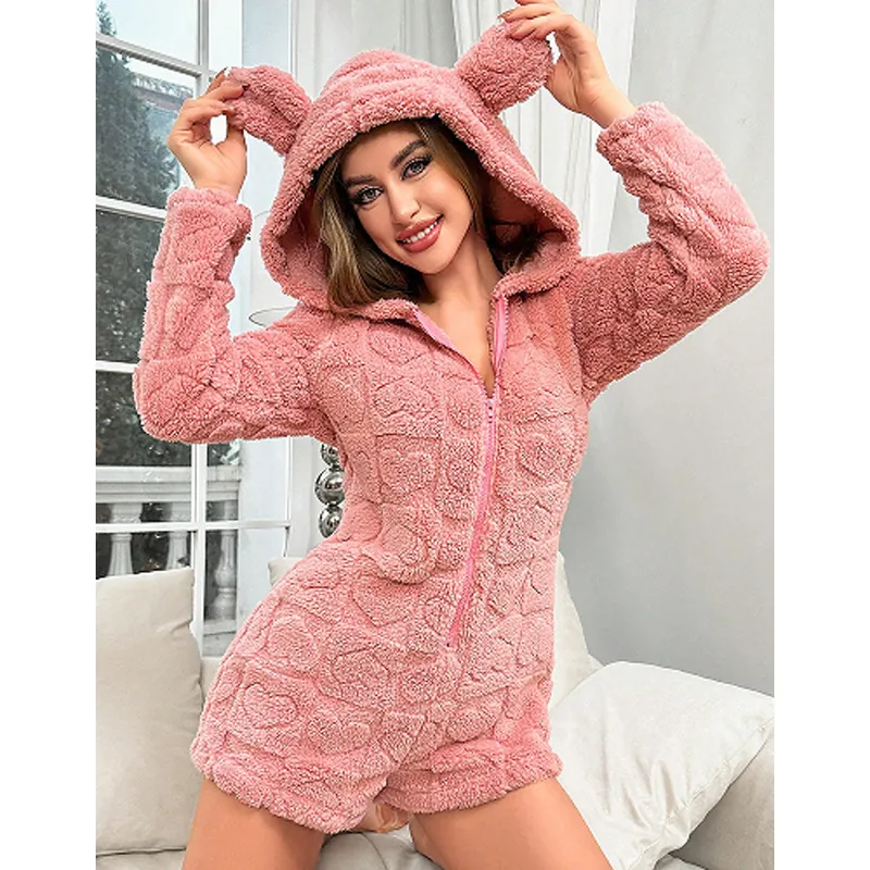 Combinaison Pyjama Pelucheuse Mignonne pour Femme Motif Cœur Relief Polaire Sherpa à Capuche Oreilles d'Ours Rose