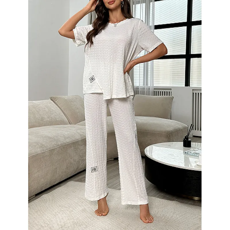 Ensemble de Détente Femme Texture Froissée Col Rond Haut Manches Courtes Et Pantalon Large Pyjama Doux Confortable