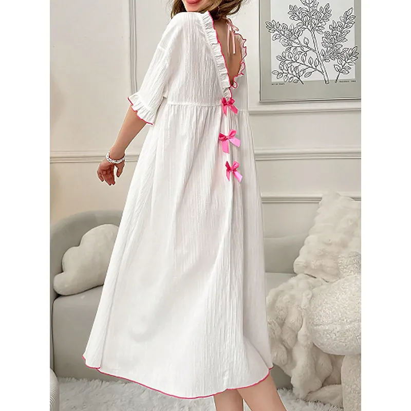 Chemise de Nuit Douce avec Nœud Dos Nu Femmes Volant Col Rond Manches Courtes Robe de Nuit en Coton Crêpe