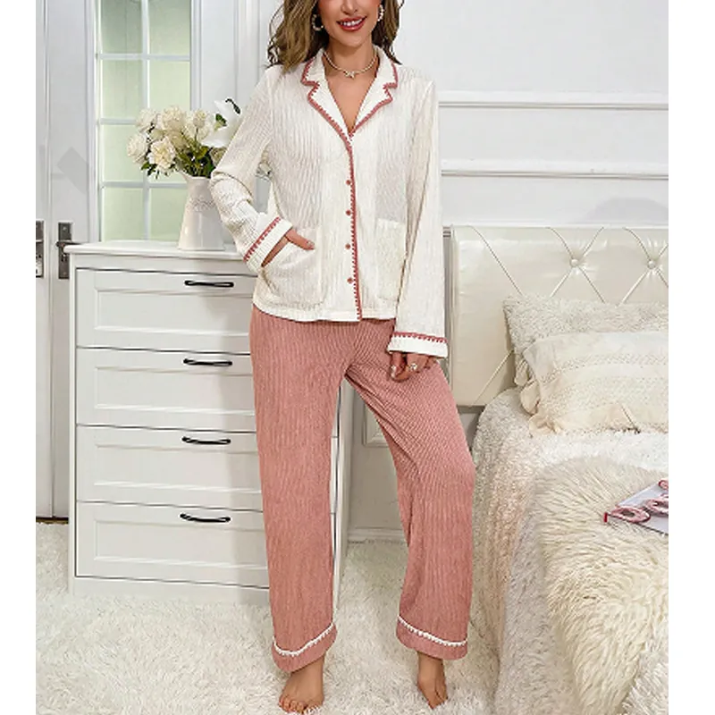 Vêtements de Détente Doux en Gaufre pour Femmes Haut Cardigan à Manches Longues avec Revers et Pantalon Long Bord Vague Contrasté Pyjama Doux