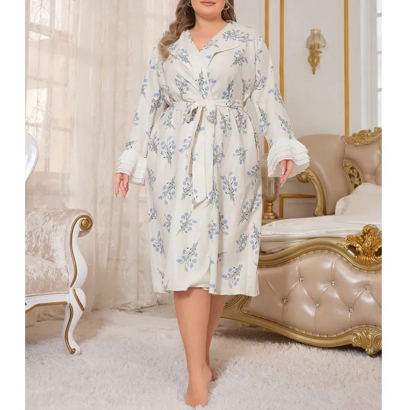 Nuisette Grande Taille Femme Col en V Imprimé Floral Peignoir Manches Longues Avec Poignets à Volants Taille à Nouer Confortable