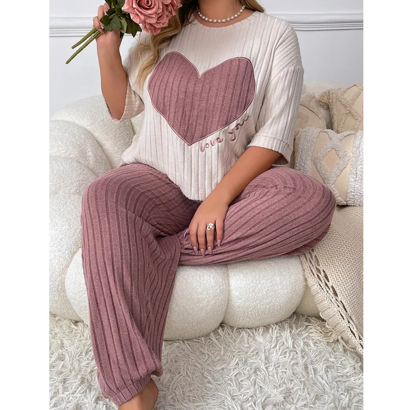 Plus Size Women Pajama Ribbed Knit Short Sleeve Top And Long Pants Lounge Wear Heart Printed Home Casual Clothing Suit