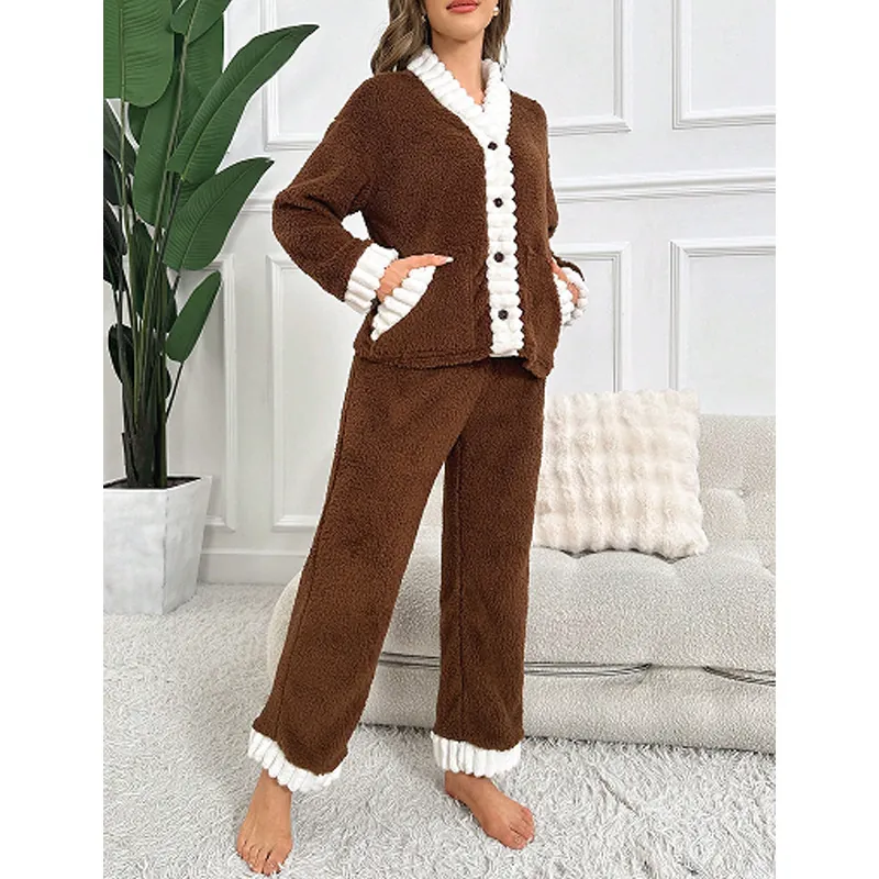 Women's V-Neck Color Block Thickened Warm Plush Pajamas Long Sleeve Top And Bottom Loungewear Autumn Winter Nightwear