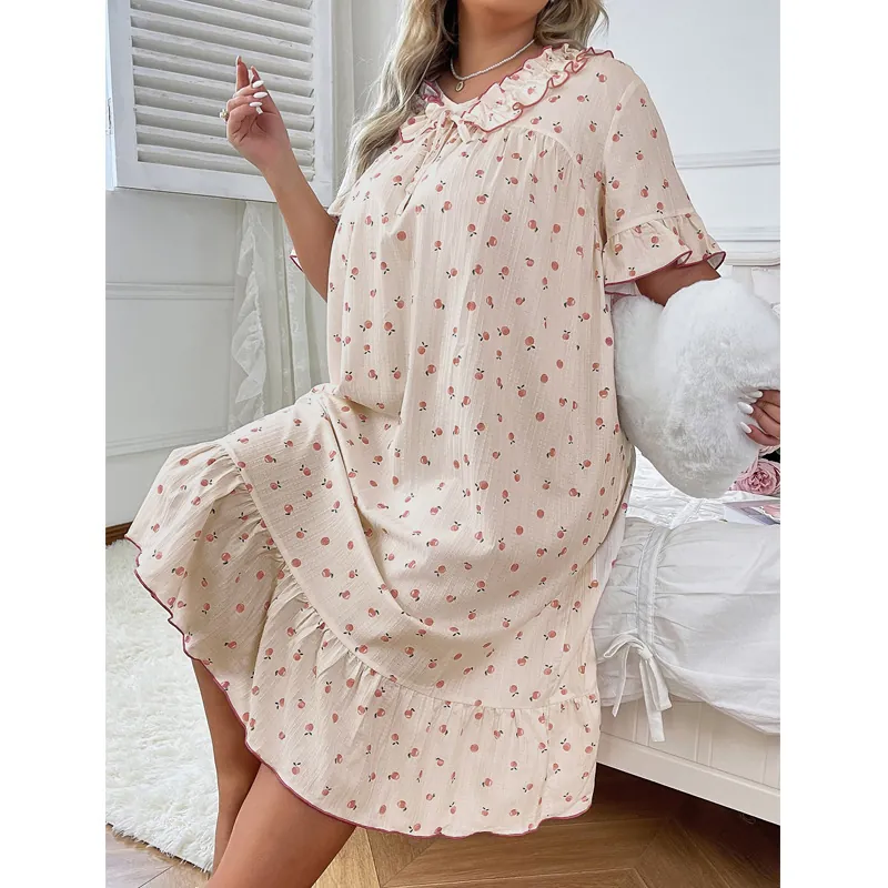 Chemise de Nuit Grande Taille Femme Seersucker Imprimé Floral Volant Col Claudine Nœud Robe de Nuit Ample Maison