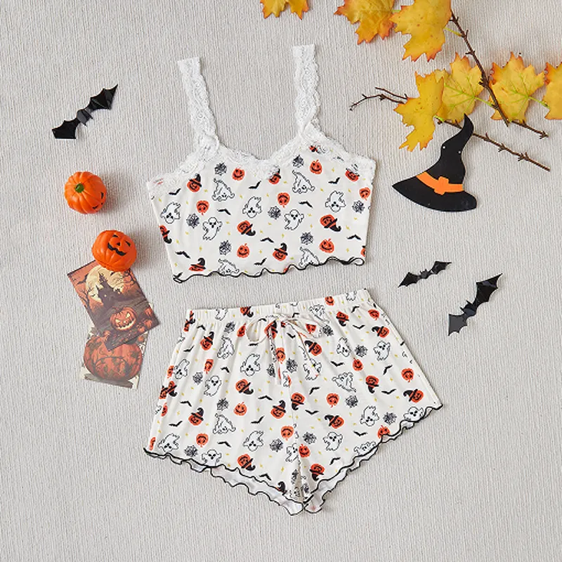 Women Halloween Pumpkin Ghost Bat Printed Pajama Set Sexy Lace Camisole Ribbed Vest And Shorts Sleepwear Top And Bottom