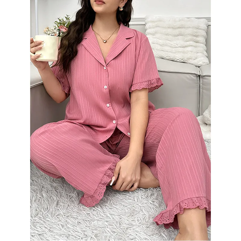 Haut Et Pantalon De Détente Décontracté Côtelé Pour Femmes Chemise À Manches Courtes Col À Revers Bordure En Dentelle Douce