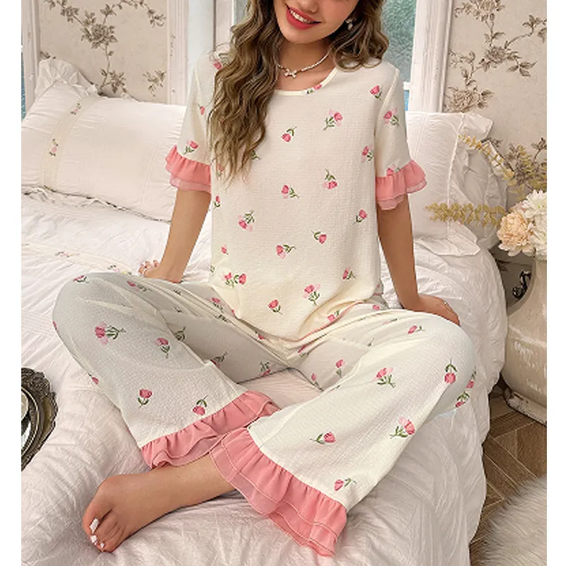 Women's Sweet Floral Tulip Print Cotton Blend Waffle Round Neck Short Sleeve Top And Ruffle Hem Long Pants Homewear Pajamas