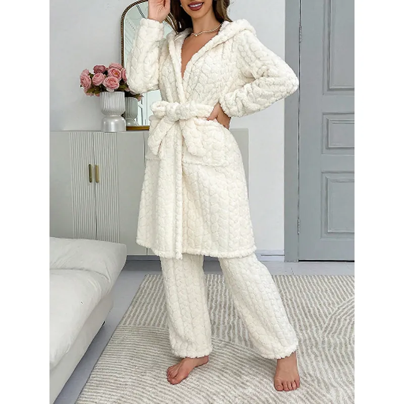 Completo da Casa da Donna Fluttuante con Cappuccio Sopra E Sotto Accappatoio E Pantaloni Caldi a Maniche Lunghe Invernali
