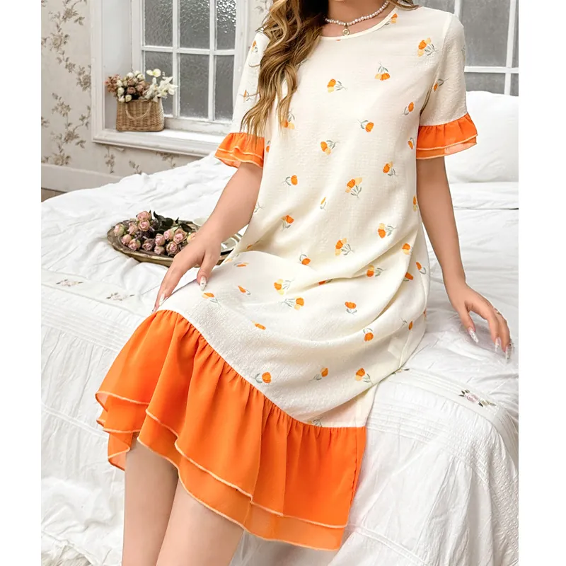 Women Floral Nightgown Short Sleeve Ruffle Hem Round Neck Patchwork Home Dress Casual Sweet Polyester Sleepwear Home