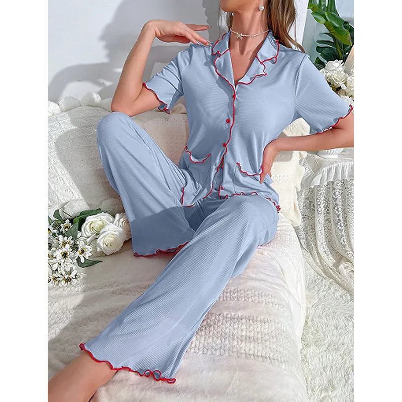 Abbigliamento da Casa Donna Top E Bottom a Costine Bordo a Lattuga Finiture a Contrasto Camicia a Maniche Corte Con Pantaloni
