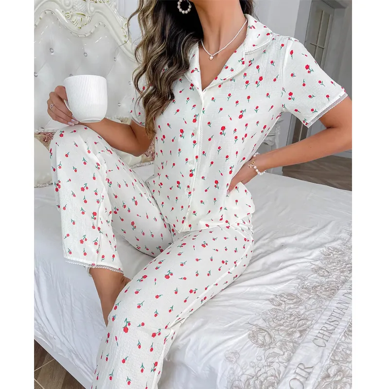 Women's Floral Print Pajamas Short Sleeve Lapel Button Down Top And Long Pants With Lace Trim Elegant Loungewear
