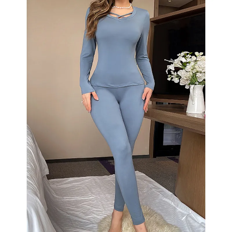 Women Thermal Underwear Top And Pants Home Wear V Neck Cross Straps Long Sleeve Slim Fit Elastic Pajamas Soft Comfy Bottoms