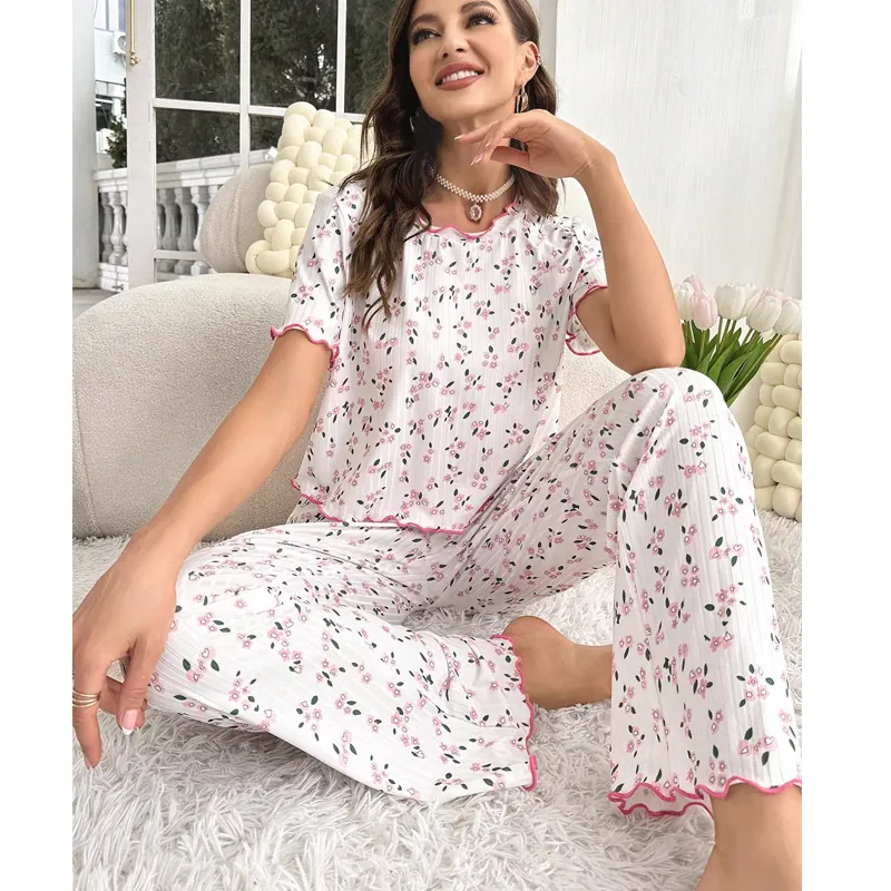 Women Sweet Floral Pajama Home Wear Short Sleeve Round Neck Top And Long Pants Ruffle Trim Soft Loungewear