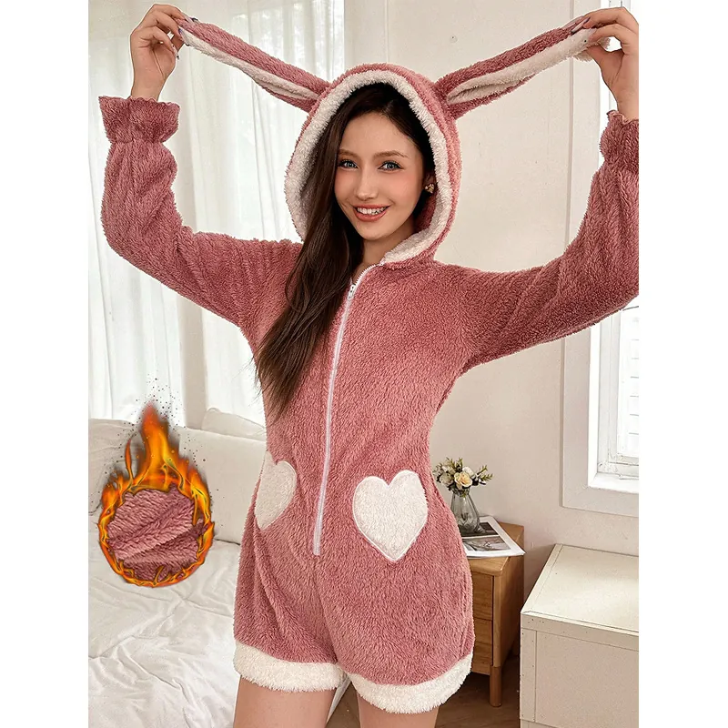 Women Cute Rabbit Ears Coral Fleece Hooded Jumpsuit Pajamas With White Heart Pockets Warm Long Sleeve Loungewear Romper