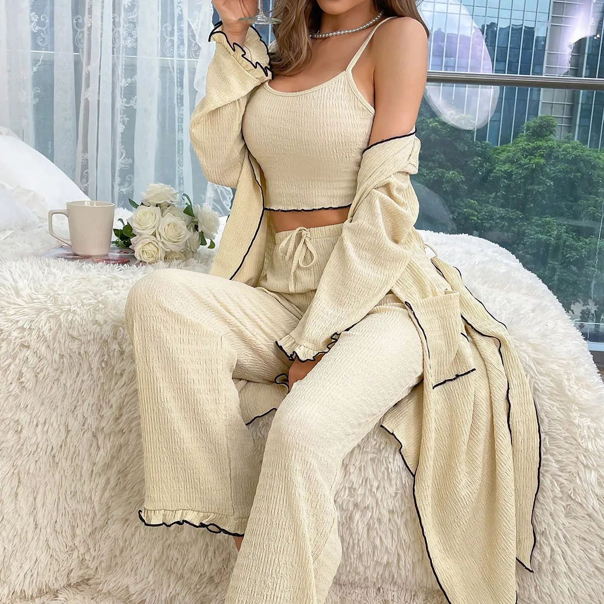 Vêtements de Détente Femme Cardigan Camisole Et Pantalon Tricot Gaufrette Liseré Contrasté Bordure Laitue Doux Homewear