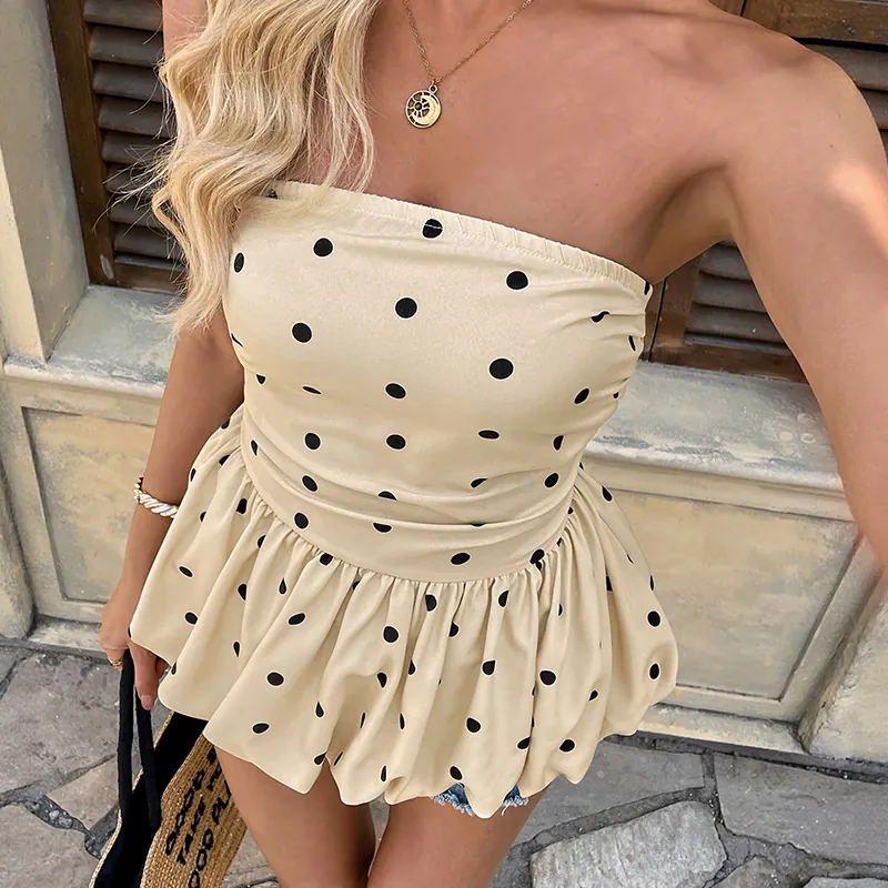 Top a Tubo Sexy da Donna a Pois Con Orlo Peplum Smock Albicocca Senza Maniche Estivo Senza Spalline Moda Mare Camisole