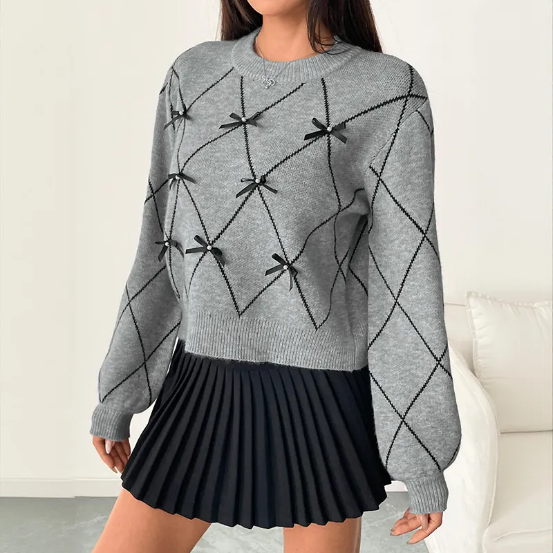 Women Casual Argyle Knit Sweater Loose Bow Decoration Round Neck Long Puffy Sleeve Pullover Autumn Winter Preppy Style