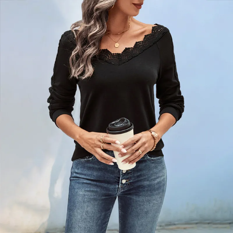 Women Elegant V Neck Lace Patchwork Long Sleeve Top Casual Solid Color T-Shirt A-Line Knit Pullover Blouse For Daily Work
