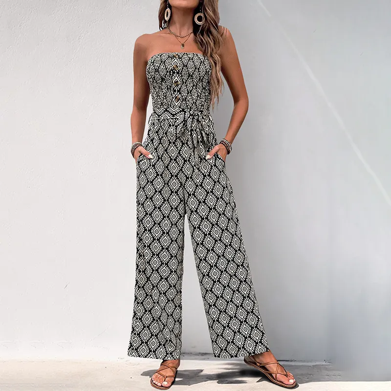 Women Summer Bohemian Strapless Jumpsuit Geometric Print Wide Leg Long Pants Jumpsuit With Belt Casual Sleeveless Tube Top Romper