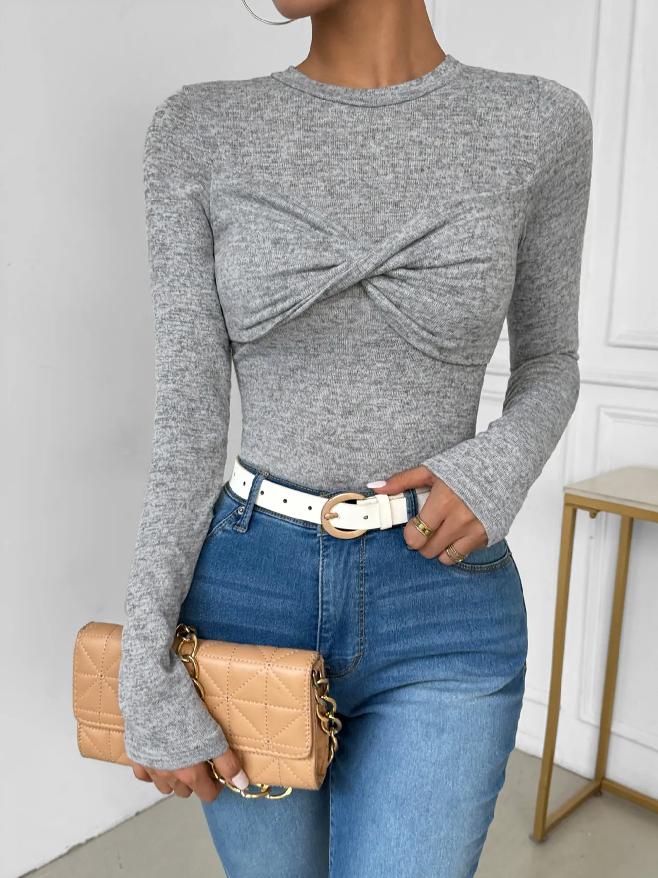 Women Casual Twist Front Long Sleeve T-Shirt Heather Grey Slim Fit Round Neck Basic Knit Top For Office Daily Wear