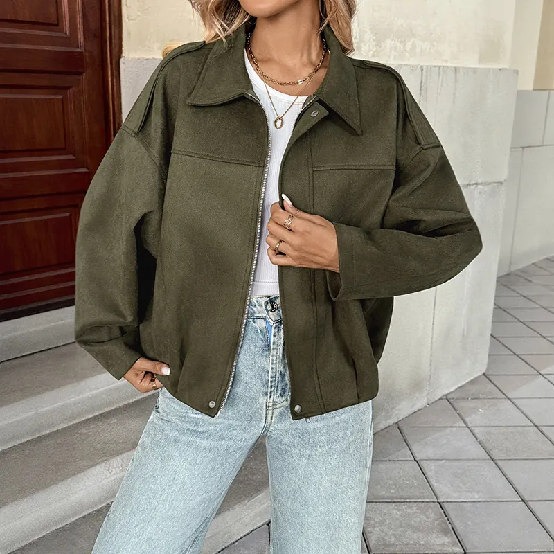 Veste Femme Décontractée Aspect Daim Ample Vintage Revers Courte Fermeture Éclair Vêtement d'Extérieur Vert Armée Mode