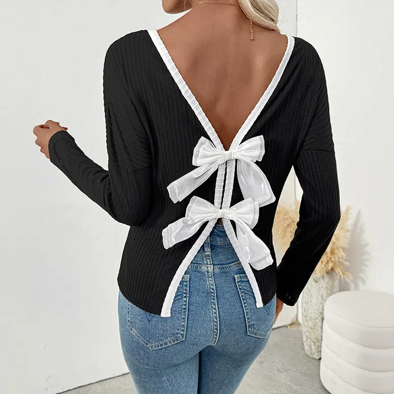 Women's Sexy Backless Ribbed Knit Sweater Long Sleeve Slim Fit Pullover Top With Satin Bows Contrast Piping Autumn Winter