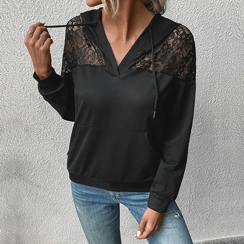 Sweat à Capuche Femme Décontracté Patchwork Dentelle Manches Longues Couleur Unie Top avec Poche Confortable Souple