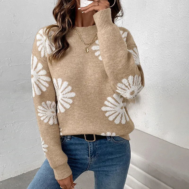 Damen Casual Floral Strickpullover Langarm Rundhalsausschnitt Gänseblümchen Jacquard Locker Warmer Weicher Stricktop Herbst Winter