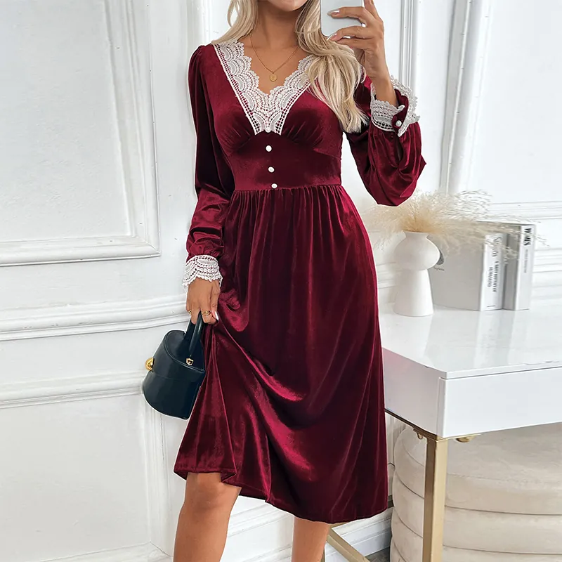 Elegant Burgundy Velvet Midi Dress Women V Neck Lace Patchwork Long Sleeve High Waist Vintage Party Cocktail Evening Gown
